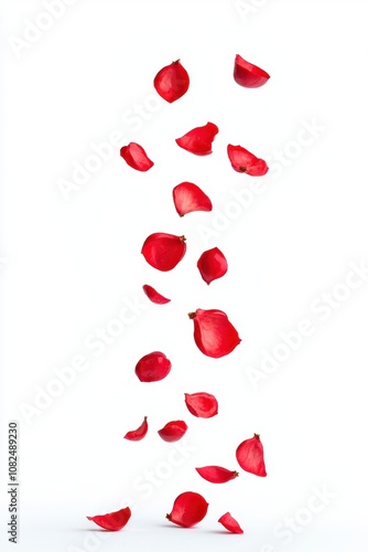 Falling Red Rose Petals on White Background, Captivating Petal Drop Creating a Romantic Atmosphere and Elegance in Floral Decor for Various Designs and Projects