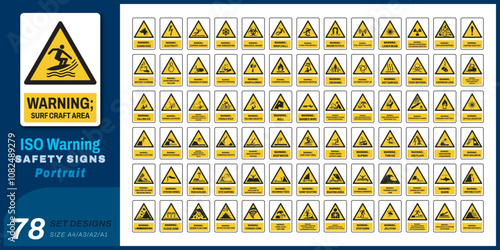 78 set iso warning safety signs v46_surf craft area_portrait size a4/a3/a2/a1