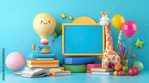 Colorful Learning Interface with Vibrant Graphics Featuring Playful Giraffe, Light Bulb, Balloons, and Educational Elements for Children’s Creativity