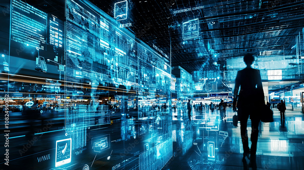 A scene depicting ambient computing improving navigation in large public venues like airports A scene depicting ambient computing improving navigation in large public venues like airports