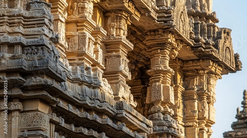 Close-up of intricate carvings on an ancient stone temple, with intricate details, sculptures, and architectural elements.