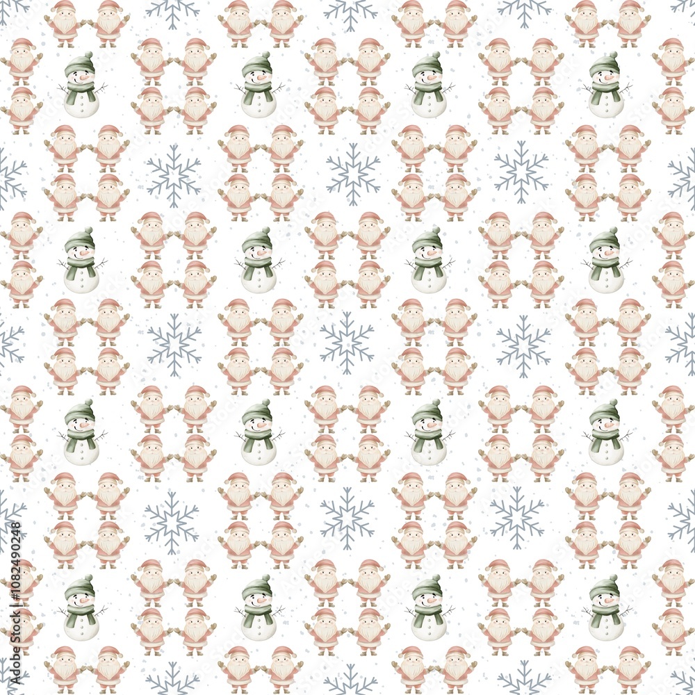 Cheerful snowmen with winter snowflakes in a repeating pattern design for festive decor Cheerful snowmen with winter snowflakes in a repeating pattern design for festive decor