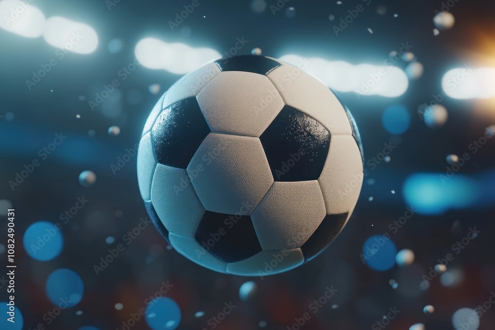 Naklejka premium A classic black and white soccer ball floats in the air with stadium lights in the background.