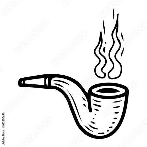 Smoking pipe hand drawn doodle. Tobacco smoke. Traditional wooden device. Mouthpiece. Retro object. Vector line art illustration.