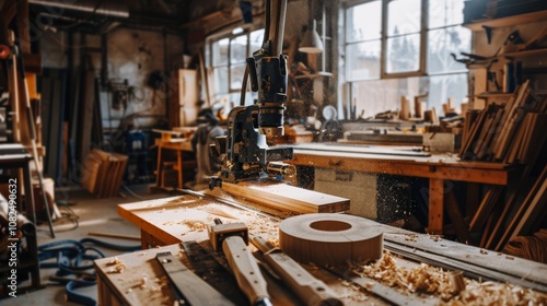 A vibrant woodworking studio with power tools and sawdust, Custom furniture pieces in progress, Industrial artisan style