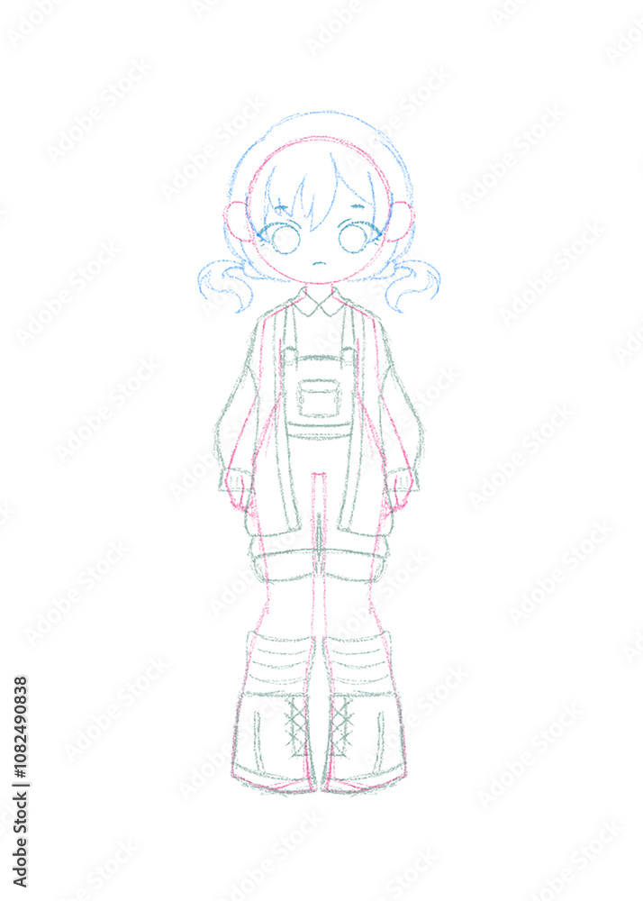Cute Character Sketch - Girl in Overalls Line Art Cute Character Sketch - Girl in Overalls Line Art
