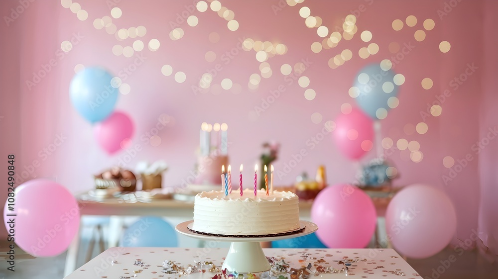 Birthday party scene with cake, balloons, and confetti on blurred pink background