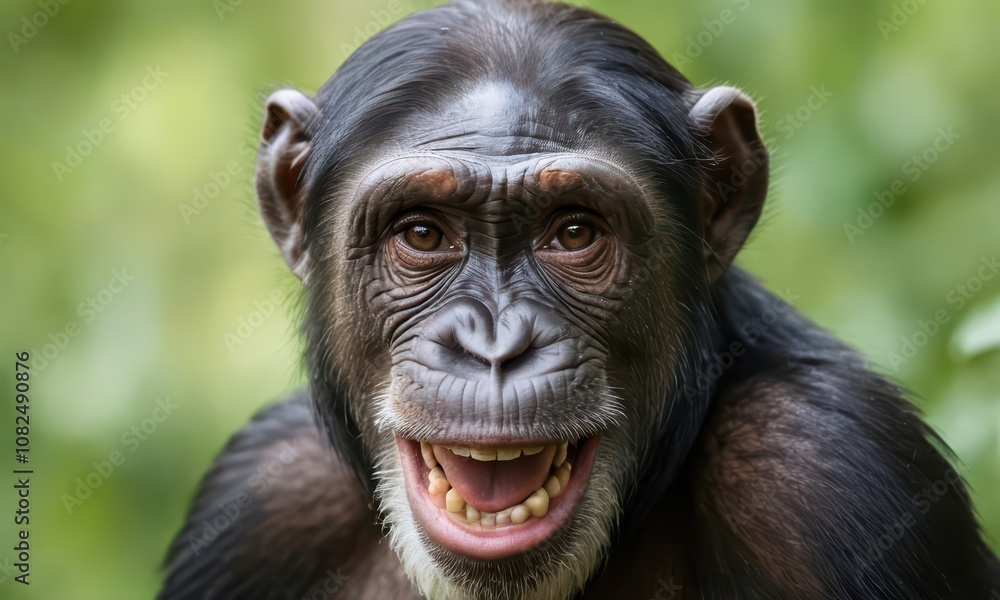 Smiling Chimpanzee Close-Up Expressing Joy in Nature Smiling Chimpanzee Close-Up Expressing Joy in Nature
