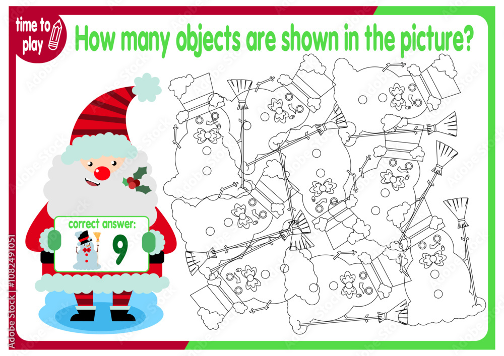Count how many objects are hidden in the picture. Educational game for children. Colorful cartoon characters. Funny vector illustration. New Year. Christmas Count how many objects are hidden in the picture. Educational game for children. Colorful cartoon characters. Funny vector illustration. New Year. Christmas