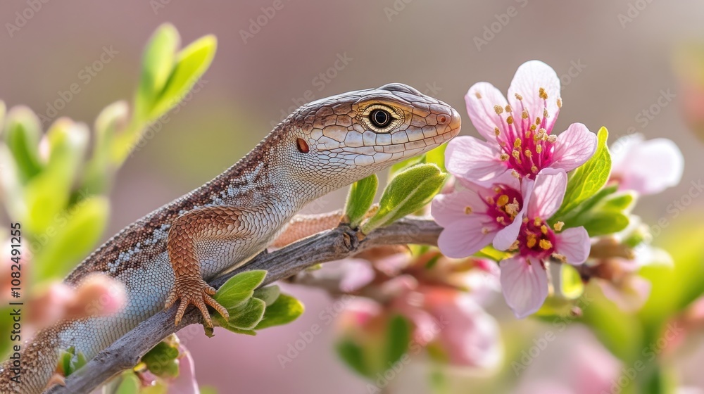 Lizard on a Branch with Pink Flowers Lizard on a Branch with Pink Flowers