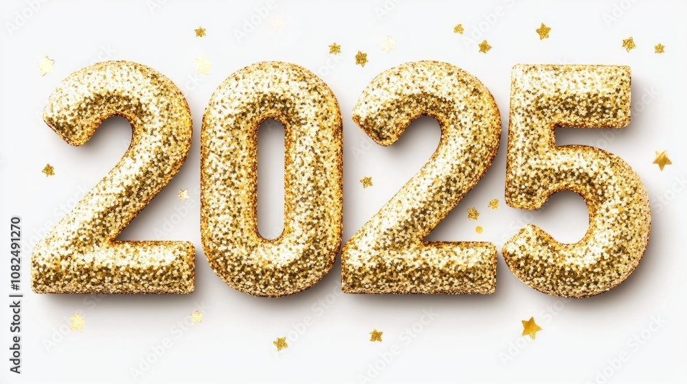 Golden glitter 2025 numbers with star confetti on white background Golden glitter 2025 numbers with star confetti on white background