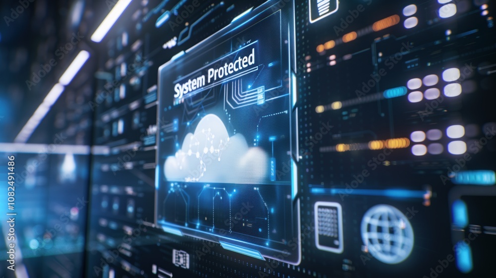 Digital security interface displaying System Protected in futuristic data center Digital security interface displaying System Protected in futuristic data center