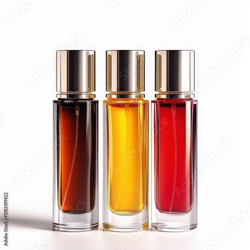 Elegant trio of fragrance bottles with golden caps on white background