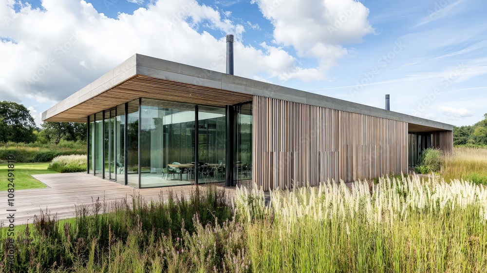 Modern house with large windows and a wooden facade, surrounded by grass and plants, under a blue sky with white clouds. Modern house with large windows and a wooden facade, surrounded by grass and plants, under a blue sky with white clouds.