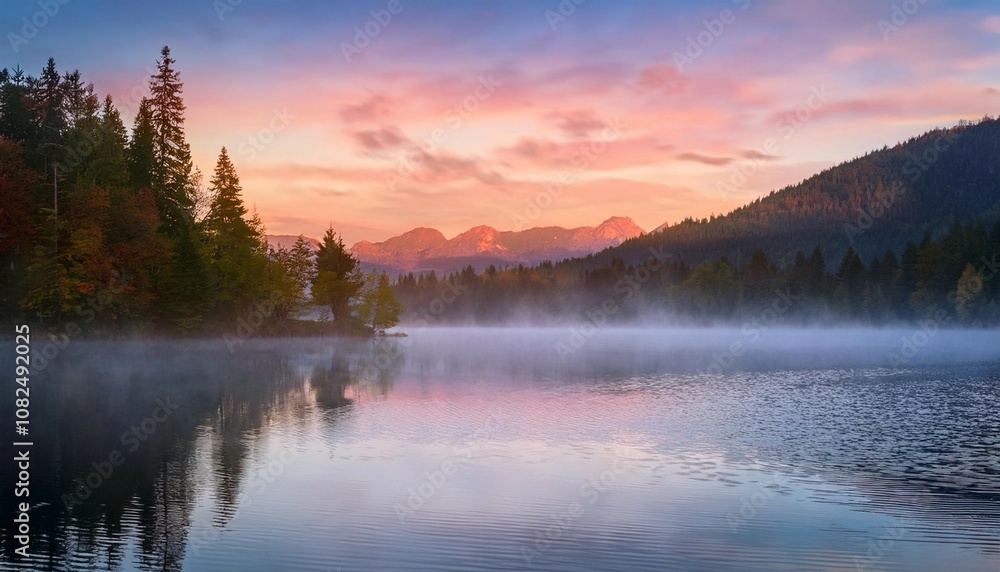 misty mountain lake capturing the essence of a serene sunrise with soft pastel palette misty mountain lake capturing the essence of a serene sunrise with soft pastel palette