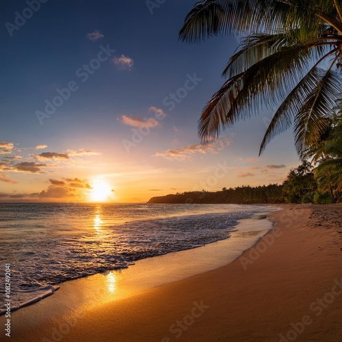Calm Tropical Beach Fringed by Palm Trees, With Gentle Waves Lapping Against the Shore and a Brilliant Orange Sun Setting Over the Horizon on a Quiet Evening
