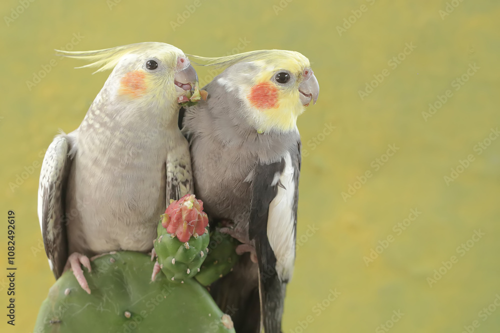 A pair of Australian parakeets foraging on wild cactus flowers. This hook-billed bird has the scientific name Nymphicus hollandicus. A pair of Australian parakeets foraging on wild cactus flowers. This hook-billed bird has the scientific name Nymphicus hollandicus.