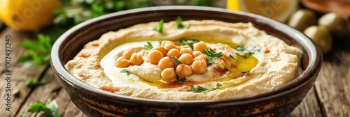 Creamy Lebanese Hummus in Ceramic Bowl with Olive Oil, Chickpeas, and Mediterranean Ingredients