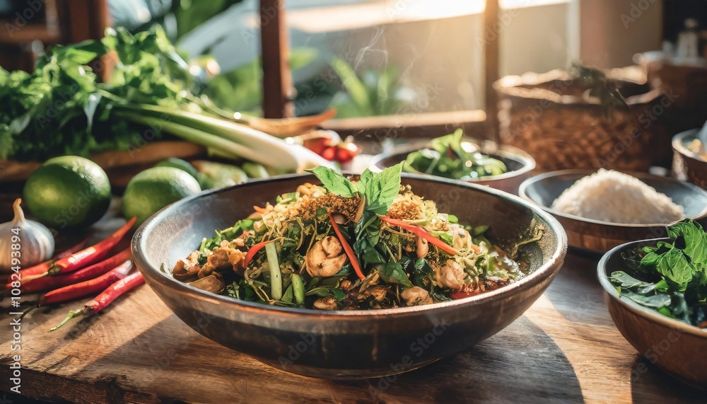 Fototapeta premium Casual Home Cooking of Spicy Phat Kaphrao Stir Fry Served in a Rustic Kitchen with Authentic Thai Ingredients and Fresh Herbs, Ready for a Family Dinner Gathering