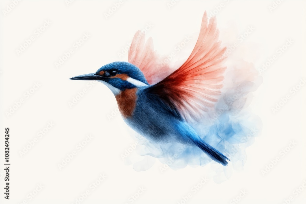 Fototapeta premium A vibrant, artistic depiction of a kingfisher in flight, showcasing its stunning colors and graceful movement.