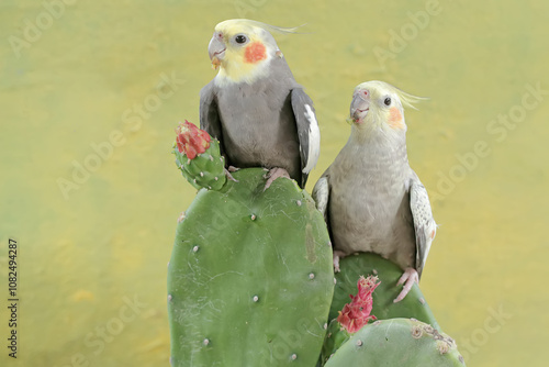 A pair of Australian parakeets foraging on wild cactus flowers. This hook-billed bird has the scientific name Nymphicus hollandicus.