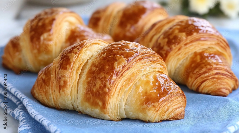 Four golden brown croissants on a blue and white checkered napkin. Four golden brown croissants on a blue and white checkered napkin.