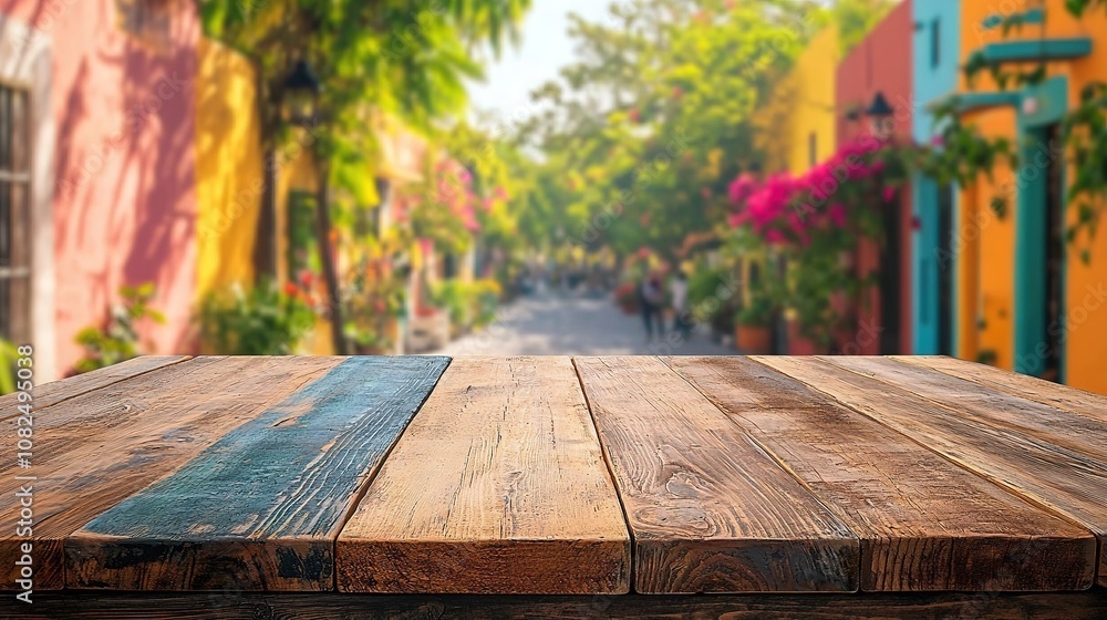 Blank rustic wooden table top with a colorful background of a blurred Mexican street scene, 8k Resolution Blank rustic wooden table top with a colorful background of a blurred Mexican street scene, 8k Resolution