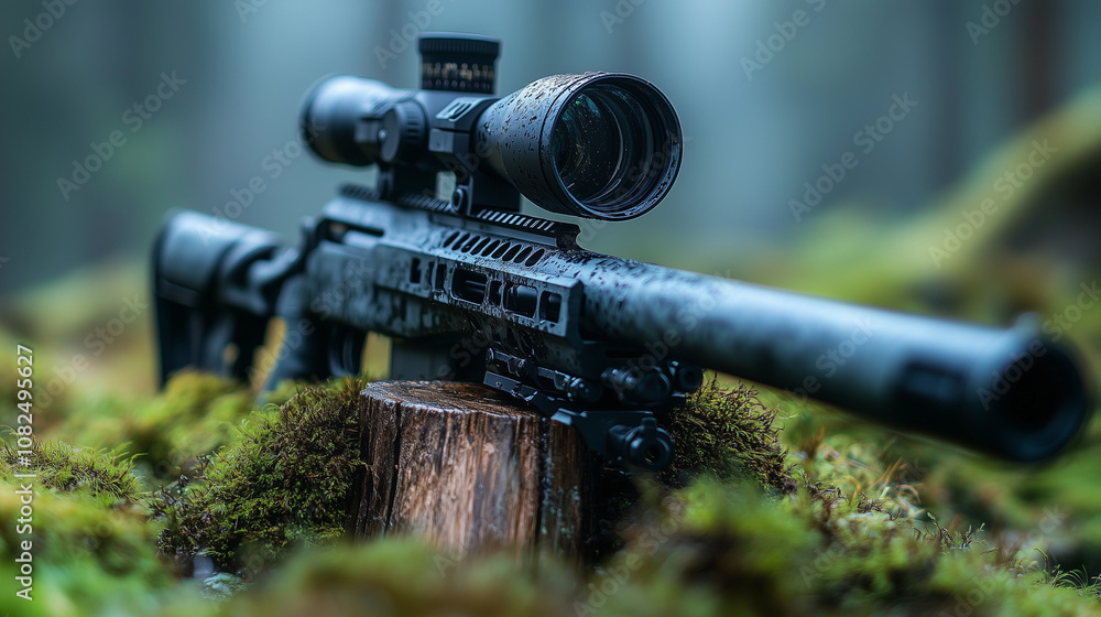 Sniper Rifle in Forest Ambush: A high-powered sniper rifle rests on a mossy log, camouflaged within a misty forest. The image evokes a sense of stealth, precision. Sniper Rifle in Forest Ambush: A high-powered sniper rifle rests on a mossy log, camouflaged within a misty forest. The image evokes a sense of stealth, precision.