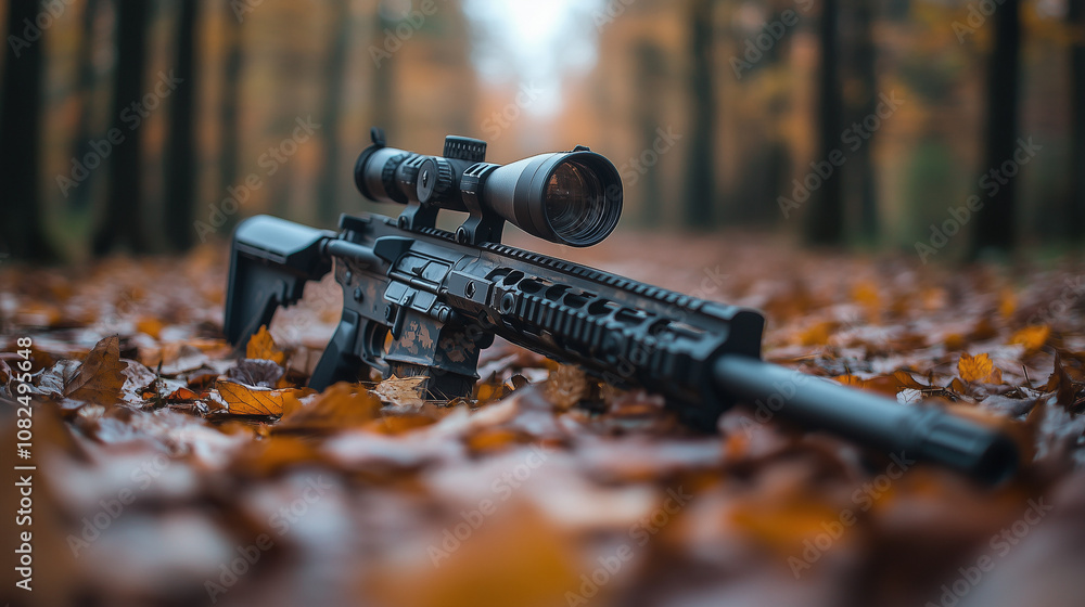 Obraz premium Rifle in Autumn: A black semi-automatic rifle with scope lies on a bed of autumn leaves in a forest setting. The rifle's sleek design contrasts with the vibrant colors of the leaves.