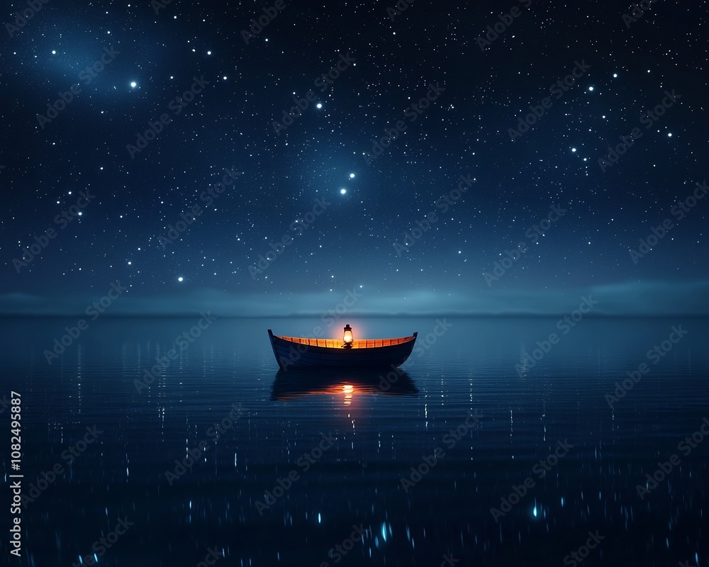 Solitary Boat Glowing in the Starry Night Lake Reflection Landscape Solitary Boat Glowing in the Starry Night Lake Reflection Landscape