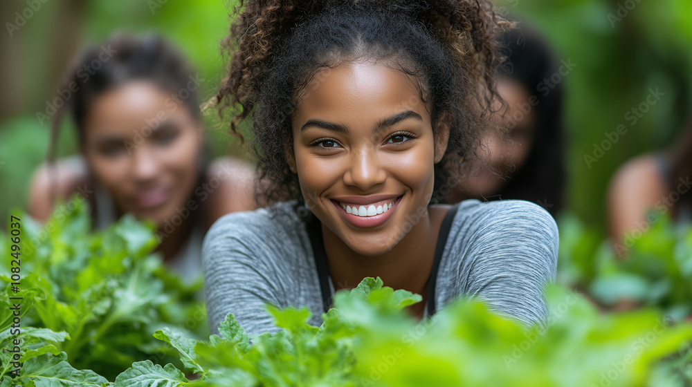 Radiant Gardener: A young Black woman beams with joy amidst lush greenery, embodying health, nature, and community. Her friends smile in the background. Radiant Gardener: A young Black woman beams with joy amidst lush greenery, embodying health, nature, and community. Her friends smile in the background.