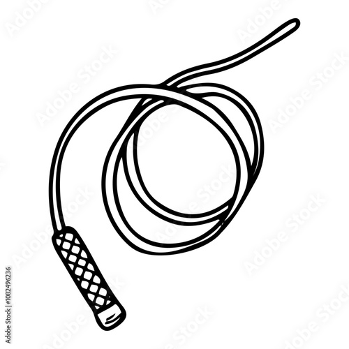 Cowboy whip hand drawn doodle. Leather rope with handle. Western. Ranch, farm. Horse driver tool. Traditional rodeo attribute. Vector line art illustration.