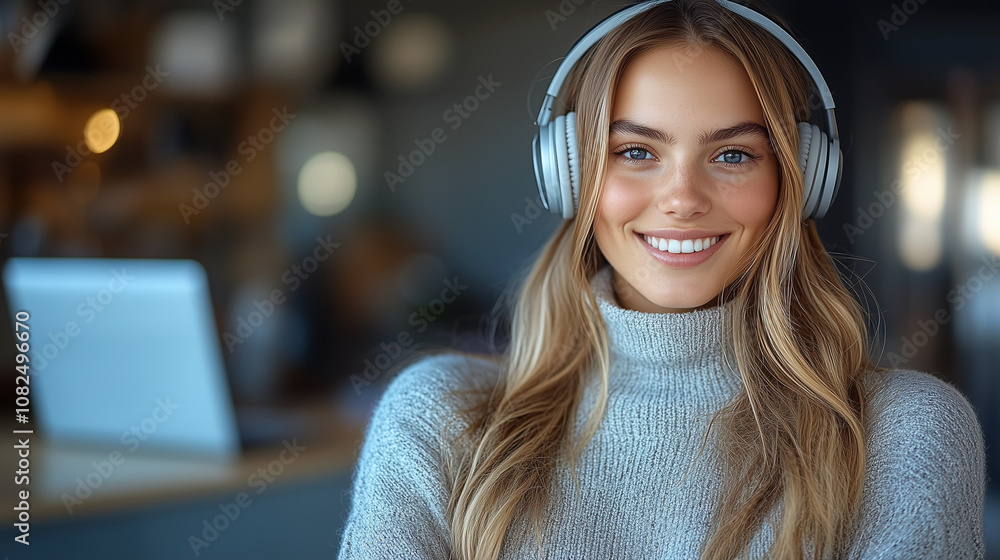 Smiling Woman in Headphones: A young woman with long blonde hair smiles warmly while wearing over-ear headphones. The image conveys a sense of calm focus and modern lifestyle. Smiling Woman in Headphones: A young woman with long blonde hair smiles warmly while wearing over-ear headphones. The image conveys a sense of calm focus and modern lifestyle.