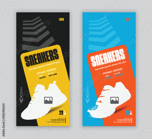 Sneakers sale rack card design template and Modern fashion shoe sale dl flyer template, New arrival sport shoes leaflet two concept design