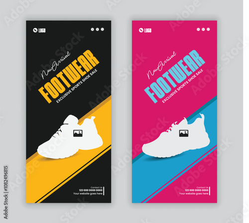 Sneakers sale rack card design template and Modern fashion shoe sale dl flyer template, New arrival sport shoes leaflet two concept design