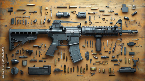 Obraz na płótnie AR-15 Rifle and Ammunition: A close-up, flat lay image of a black AR-15 rifle surrounded by various components and ammunition, showcasing the intricate details of a popular firearm. w salonie