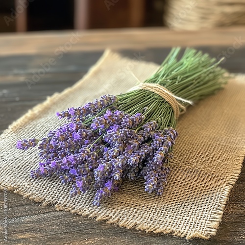 Freshcut Lavender Bundle Tied with Twine Rustic Table Setting Nature's Beauty Indoor Close-up Aromatic Appeal photo