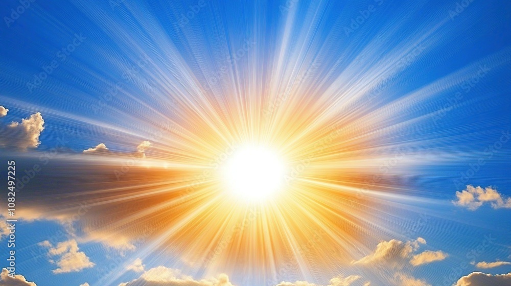 A bright sun with rays shining through the clouds in a blue sky. A bright sun with rays shining through the clouds in a blue sky.