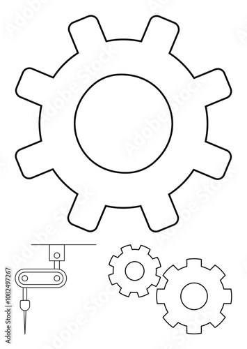 Large central gear with smaller interconnected gears accompanied by a robotic arm. Ideal for engineering, automation, manufacturing, machinery, technology, industrial design, process optimization