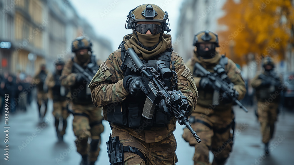 Urban Warfare: A group of heavily armed soldiers in camouflage gear move through a city street with purpose and focus. Urban Warfare: A group of heavily armed soldiers in camouflage gear move through a city street with purpose and focus.
