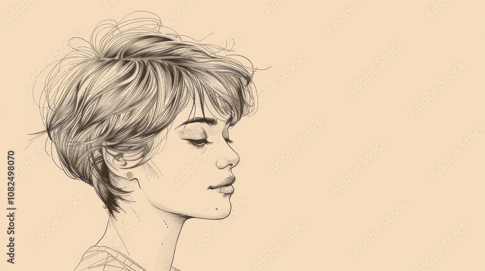 A pencil sketch of a woman with short hair, drawn in profile. A pencil sketch of a woman with short hair, drawn in profile.
