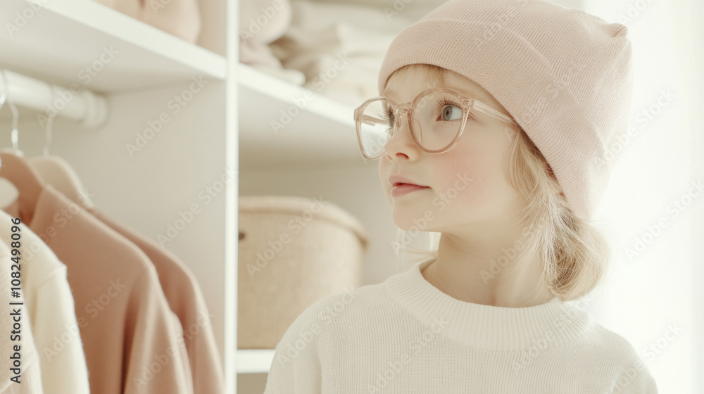 Little blond child girl with glasses and a hat in beige dressing room Little blond child girl with glasses and a hat in beige dressing room