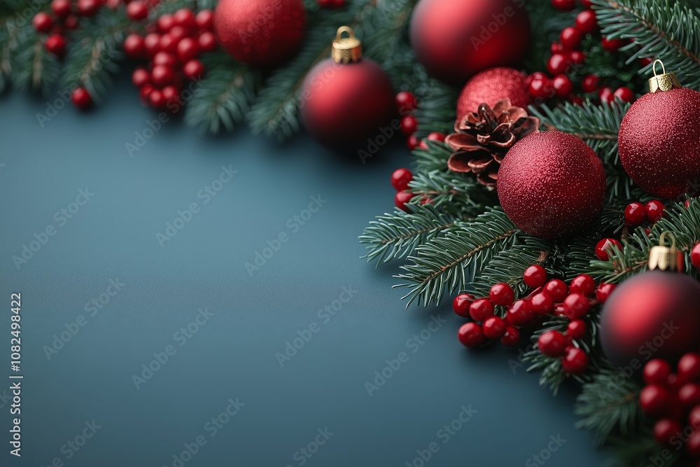 Top view of red empty sheet of paper and Christmas red decorations. Flat lay mockup for design and text. New year celebration concept. Copy space. Top view of red empty sheet of paper and Christmas red decorations. Flat lay mockup for design and text. New year celebration concept. Copy space.