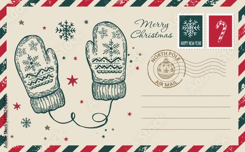 Postcard, Christmas mail, letter, hand drawn illustration.	
