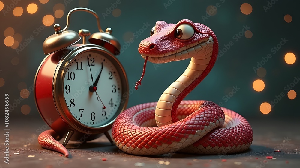 Obraz premium A whimsical snake next to a charming alarm clock in a vibrant, imaginative setting