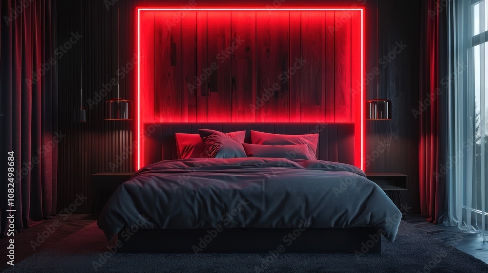 Modern bedroom with a red neon light frame behind the bed. Modern bedroom with a red neon light frame behind the bed.