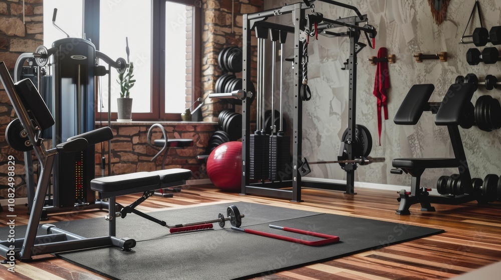 A well-organized home gym with various exercise equipment, Weights and machines arranged systematically, Modern fitness style A well-organized home gym with various exercise equipment, Weights and machines arranged systematically, Modern fitness style