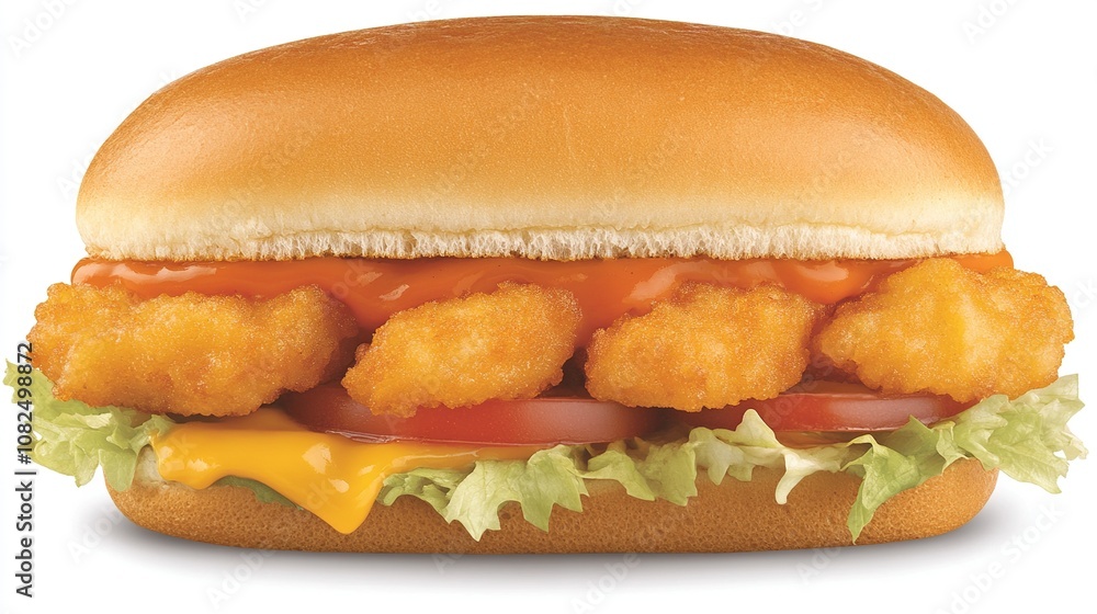 A delicious, golden-brown breaded chicken sandwich with lettuce, tomato, onion, and cheese, topped with a tangy sauce, served on a soft, white bun. A delicious, golden-brown breaded chicken sandwich with lettuce, tomato, onion, and cheese, topped with a tangy sauce, served on a soft, white bun.