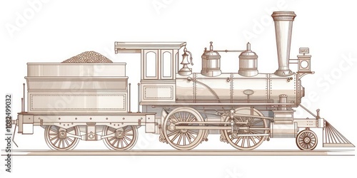 A sketch of a vintage steam locomotive, isolated on a white background