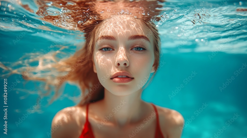 A young woman with long blonde hair swims underwater in a pool, looking directly at the camera. A young woman with long blonde hair swims underwater in a pool, looking directly at the camera.